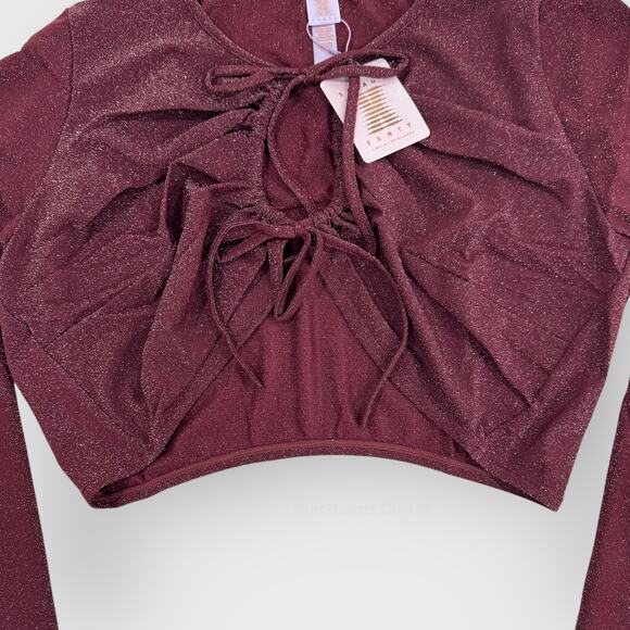 Savage Fenty Sleep & Shing Long Sleeve Crop Tee | Plus Size 3X | Maroon Glitter - Picture 3 of 8